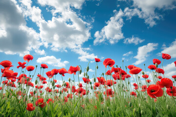 field of poppies, with a blue sky and white clouds in the background