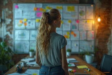 A collaboration hub adorned with sticky notes and creative ideas on a whiteboard illustrates the dynamic and iterative nature of problem-solving in a business setting.  Generative Ai. - obrazy, fototapety, plakaty