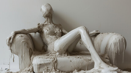 white fashion mannequin woman rough textured dummy sitting on a sofa , isolated on white background