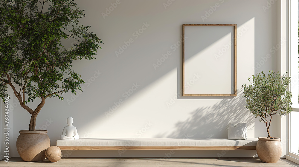 Wall mural  female display mannequin portrait with wooden frame on white background with olive tree and copy text space