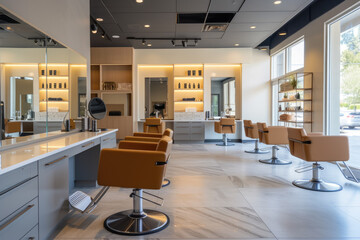 hair salon with a contemporary design and comfortable chairs.