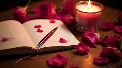 An open journal with a pen, surrounded by rose petals and a lit candle, on a wooden surface