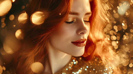 Woman with red hair in golden dress. Festive gold glitter vibes, luxury and premium street syle photography for advertising product design. Fashion beautiful