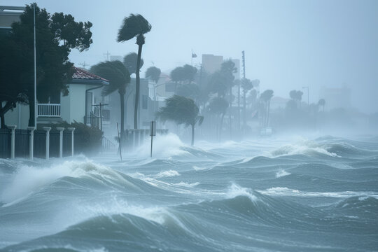 hurricane approaching a coastal city, with high winds and storm surge flooding