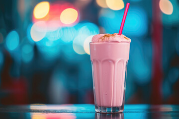 milkshake with a pink color and a straw and a professional overlay on the sip