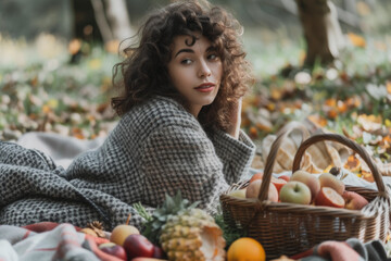 model enjoying a picnic, with a basket of food and a blanket