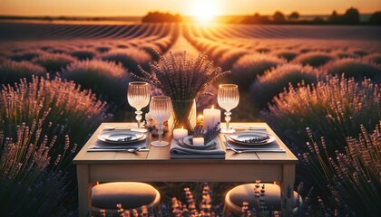 A romantic setup in a blooming lavender field at sunset, with a simple yet elegant table for two