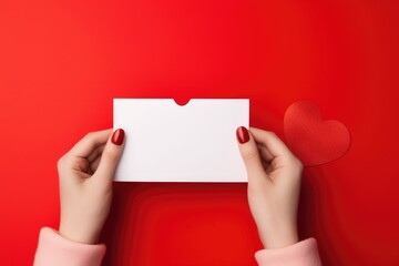 First person top view valentine's day girl's hands holding empty card on isolated red background, Valentine's day, Mother's day, Women's Day and love concept - obrazy, fototapety, plakaty