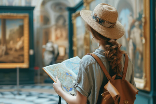 model exploring a museum, with a guidebook and a camera.