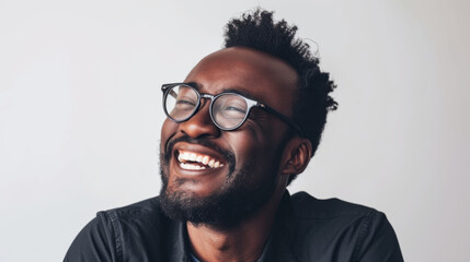 Obraz premium A joyful portrait of a Black man in glasses against a white backdrop.