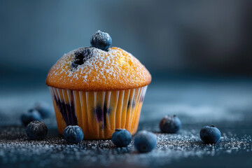 muffin with a blue color and a blueberry and a professional overlay on the break