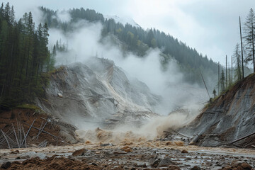 mudslide in a mountainous area, with trees