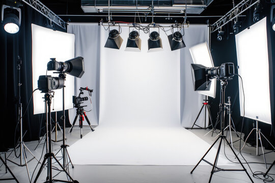 photography studio with a white backdrop and professional lighting.