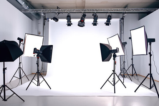 photography studio with a white backdrop and professional lighting.