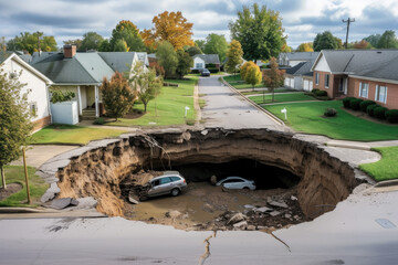 sinkhole opening up in a suburban neighborhood