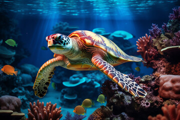 A vibrant sea turtle navigates the warm waters of a coral reef, its intricate patterned shell a striking contrast against the vivid marine flora. 