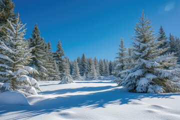 snow-covered landscape with evergreen trees and a clear blue sky.
