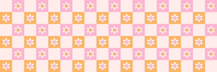 Retro checkerboard groovy seamless pattern with daisy flowers on a pink and orange checkered background. Cute colorful trendy vector illustration in style 70s, 80s for surface design
