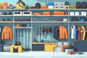 sporting goods store, with equipment and clothing