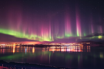 Northern Lights over a city skyline, with lights and reflections on the water