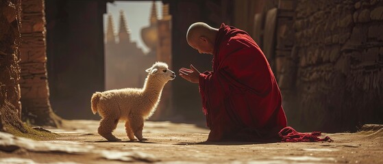 Man Kneeling Next to Baby Llama