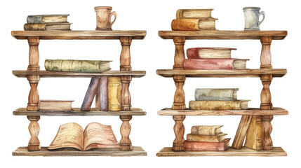 Fototapeta premium Watercolor different shelves of a wooden bookcases plated isolated transparent background. PNG Format.