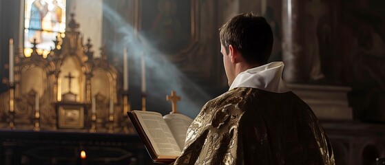 Priest Reading Book in Church