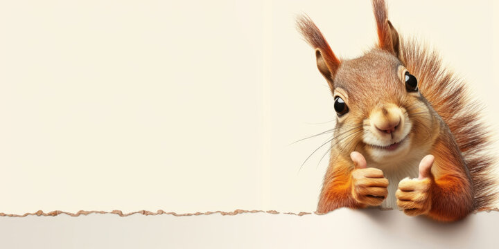 A cute squirrel smiles and gives a thumbs-up in a wide banner with a clean, single-colored background.