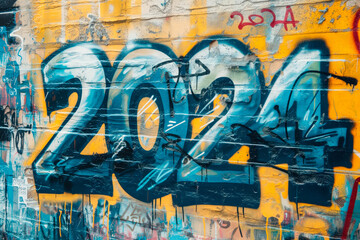 Spray painted graffiti tag of the word 2024 on a brick wall on city street, creating a blurred effect