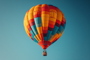 Naklejka premium A colorful hot air balloon rising against a clear blue sky, creating a whimsical and uplifting scene. Concept of adventure and exploration. Generative Ai.