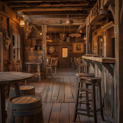 Vintage Wild West Saloon Interior with Rustic Wooden Furniture