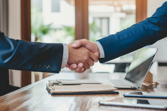 A businessman and a customer shake hands in front of a residential house, signifying a successful agreement and the completion of a real estate deal.