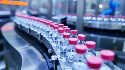 A view of a pharmaceutical production line at work, featuring medical vials and glass bottles, with pharmaceutical machines in operation.
