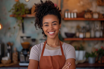 Portrait of young african lady standing in a restaurant or cafe, smiling girl wearing apron and standing arms crossed in the shop. smiling looking at camera, Small business owner testimonial image