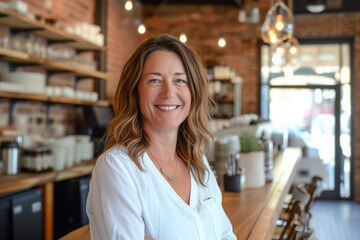 Senior matured woman standing in the coffee shop, Portrait of a mid aged lady standing in a bakery or cafe, Successful senior businesswoman smiling looking at camera, Small business owner testimonial