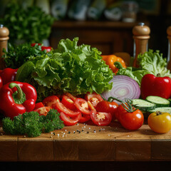 salad on wooden counter with peppers, tomatoes, onion, cucumbers, greens