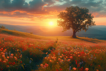 A serene sunrise over an Easter morning landscape, casting a warm glow on the awakening nature....