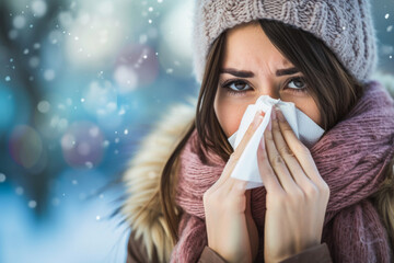 Sick woman with flu blowing her nose in a tissue on blurred background
