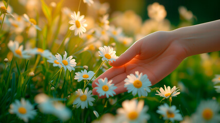Hand gently touching daisy flowers at sunset