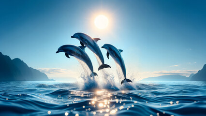 Sunlit Dolphins Jumping Sparkling Ocean Waters