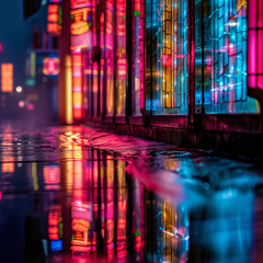 Neon Lights Reflections on Wet City Streets at Night