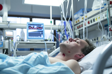 Patient lying on the bed in the hospital ward with saline intravenous (IV) - obrazy, fototapety, plakaty