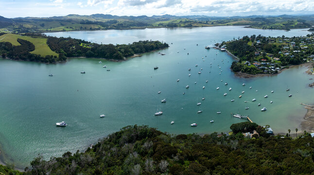 Aerial of boats in the harbour in the town of Mangonui, Northland, New Zealand