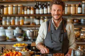 Portrait of smiling male barista in apron standing in cafe
