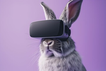 A rabbit with virtual reality headset on, against a purple background.