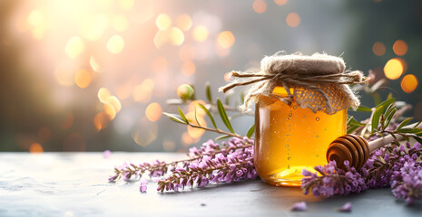 Text background with a bottle of honey and natural products with a ray of sunshine and warm atmosphere, small white flowers - Powered by Adobe