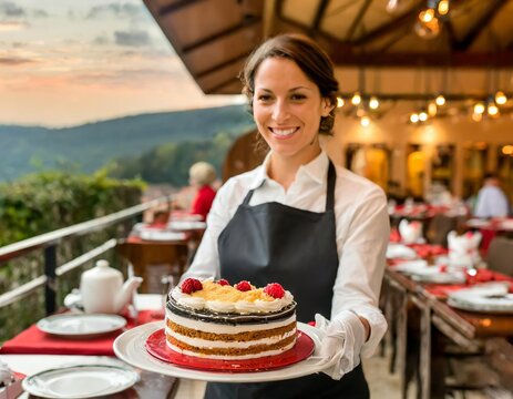 Generated image of a waitress serving a cake