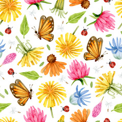 Watercolor dandelions, butterflies, clover flower and cornflower seamless pattern