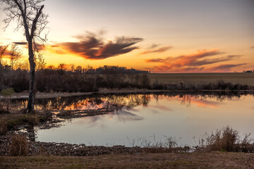Fototapeta premium A beautiful country pond at sunset with a tree taken in the winter