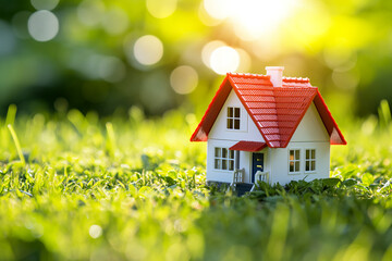 Concept of dream home with a small model house on a lush grass field under the sunlight.